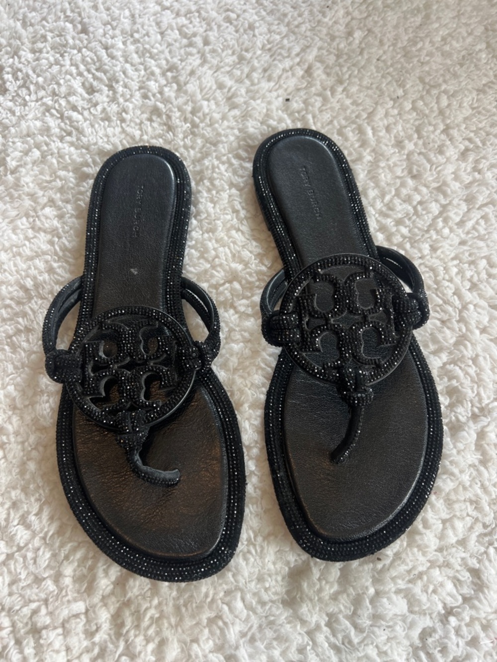Tory Burch Black Beaded Logo Thong Sandals